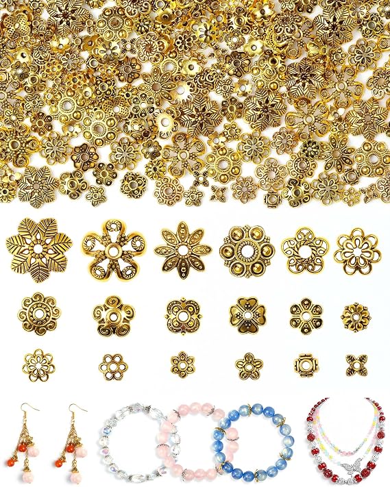 FIVEIZERO 240Pcs Gold Flower Bead Caps for Jewelry Making, 18 Styles Filigree Spacer Caps, Multi-Petal Design, 6mm16mm for Earrings, Bracelets & Necklaces