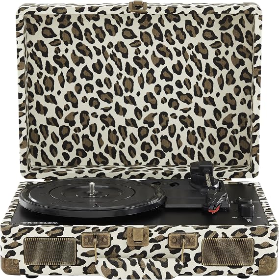 Crosley CR8005F-LP Cruiser Plus Vintage 3-Speed Bluetooth in/Out Suitcase Vinyl Record Player Turntable, Leopard