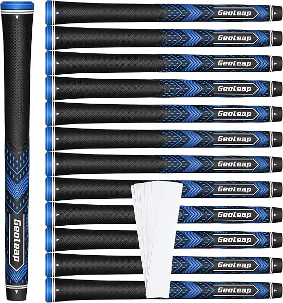 Geoleap Golf Grips Set of 13 - Soft Golf Club Grips, Reduced Taper Design for High Traction and Performance, 13 Grips, 15 Tapes and 13 Grips, All Repair Kit Available Standard, Black Blue Classic 13
