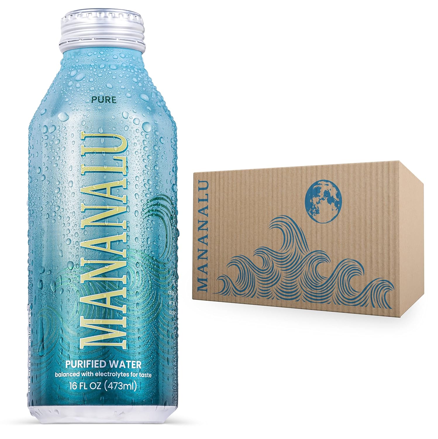 Mananalu Pure Water, Purified Water with Electrolytes in a BPA Free, Eco-Friendly, and Infinitely Recyclable 16 oz. Resealable Aluminum Bottle 12-Pack