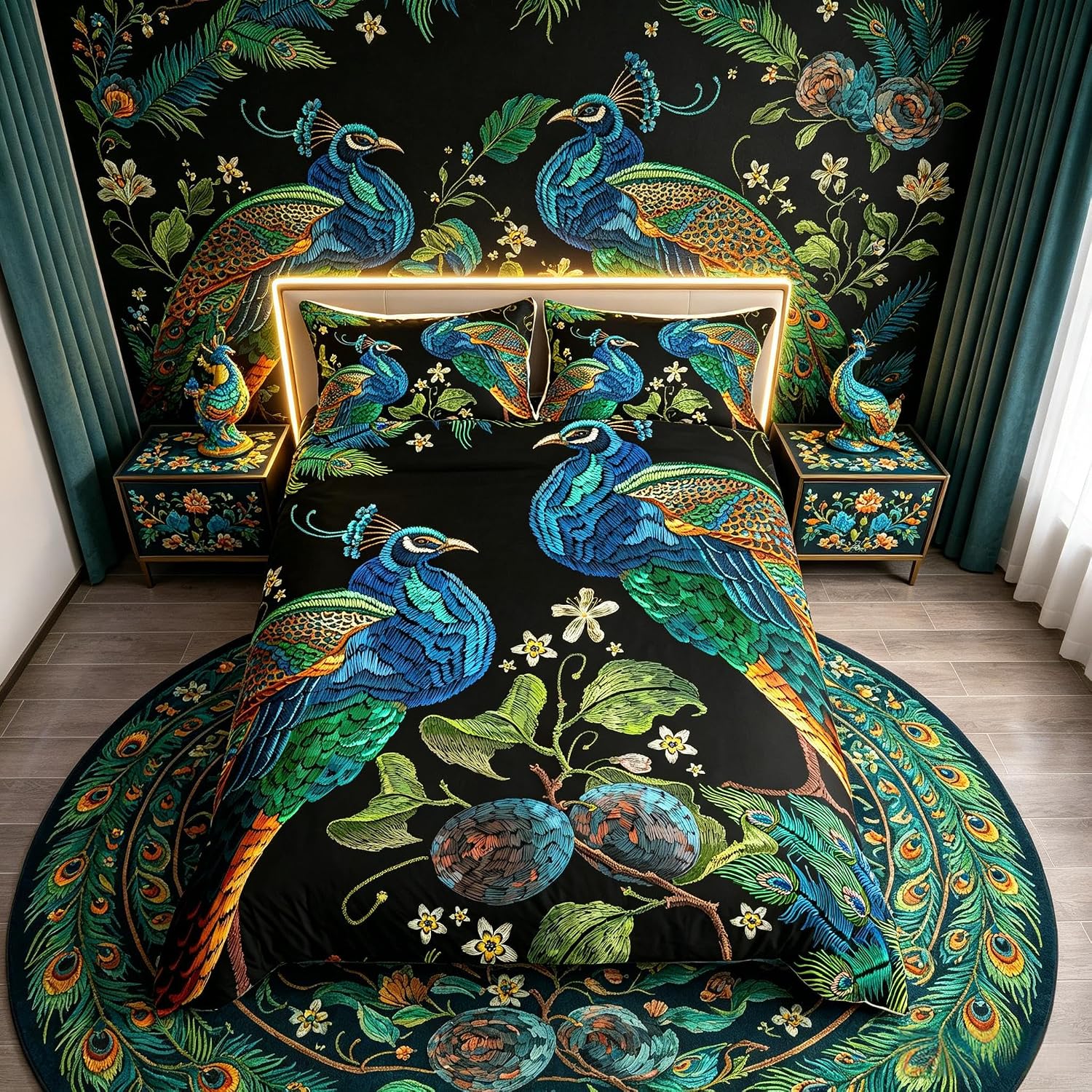 Loussiesd Chinese Style Bedding Set Watercolor Peacock Printed Duvet Cover Set for Kids Adults Boho Feather Comforter Cover Botanical Leaves Branches Quilt Cover Bedroom Collection 3Pcs King Size