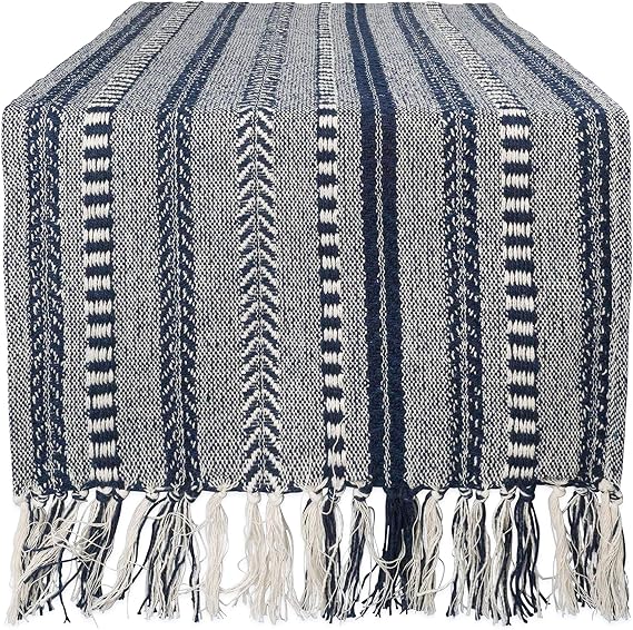 DII Farmhouse Braided Stripe Table Runner Collection, 15x108 (15x113, Fringe Included), Navy Blue