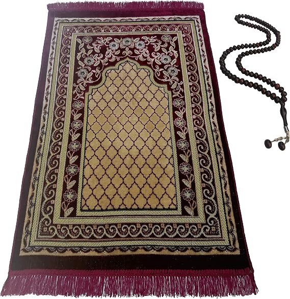 BAYKUL Muslim Prayer Rug-Islamic Turkish Velvet Rugs-Great Ramadan Gifts-Janamaz Prayer Mat Women Men-Islam Carpet-Portable Muslims Mats-Praying Rugs Islam-Sajadah-Gift Prayer Beads 99(Claret Red)