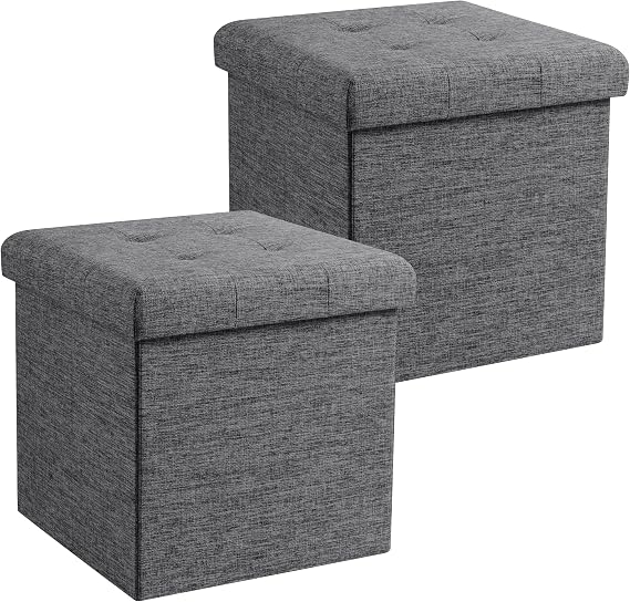 Ornavo Home 2 Pack 15 Inch Folding Storage Ottoman Cube, Linen, Dark Gray