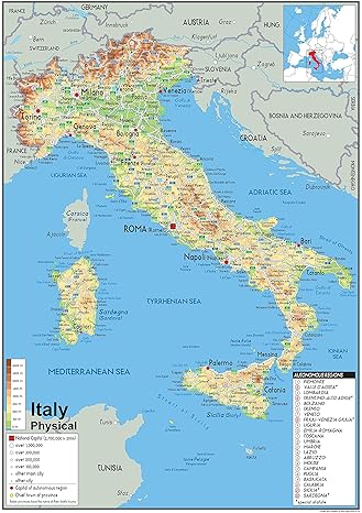 Physical Map of Italy - Size A1-59.4 x 84.1cm - Paper Laminated | Detailed Laminated Wall Map, Ideal For Home, Office Or Classroom Display.